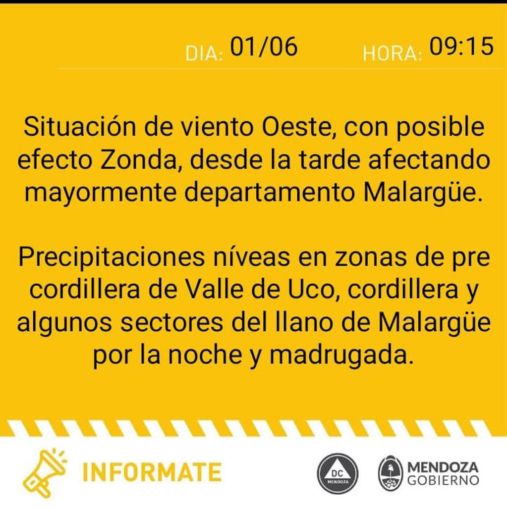 Alerta amarilla de Defensa Civil por efecto Zonda y nevadas en Mendoza
