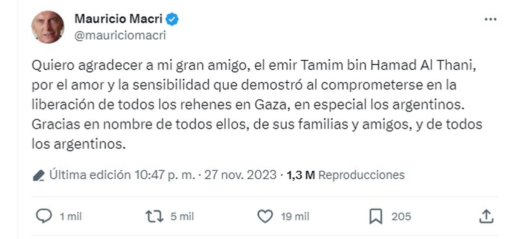 Mauricio Macri agradeció al emir de Qatar por la liberación de rehenes argentinos por parte de Hamás (X)