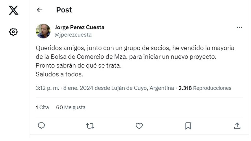 El posteo de Jorge Pérez Cuesta
