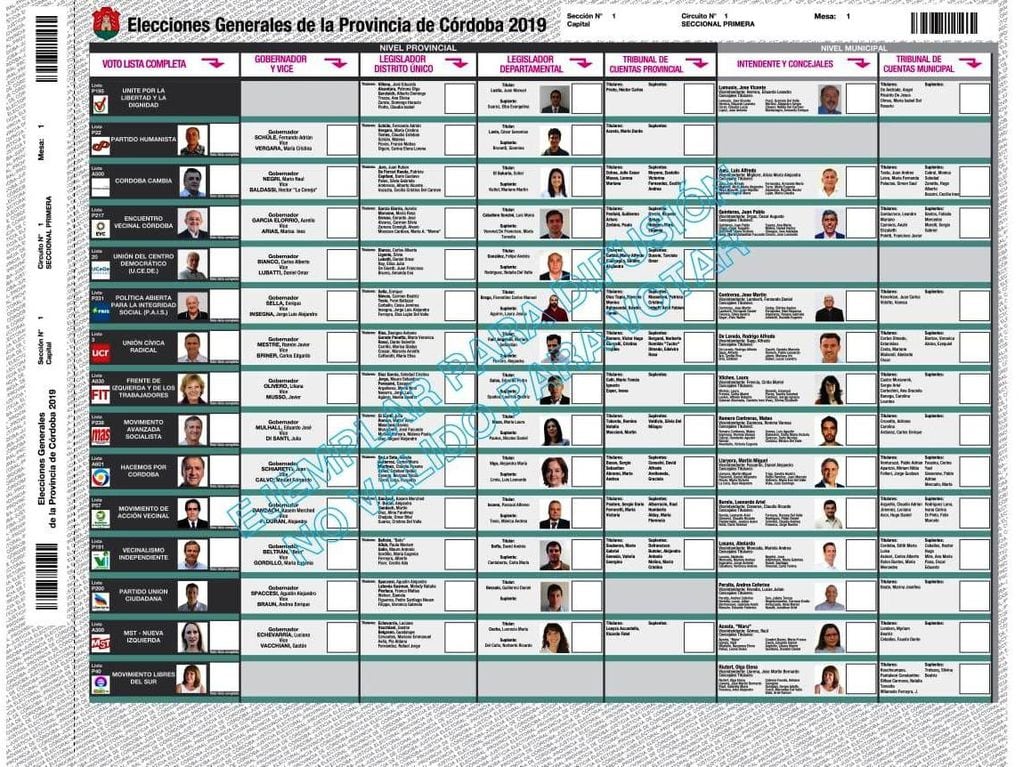 Boleta única utilizada en las elecciones 2019 de Córdoba.