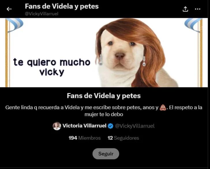 Portada de la lista “Fans de Videla y los petes” que creó Villarruel