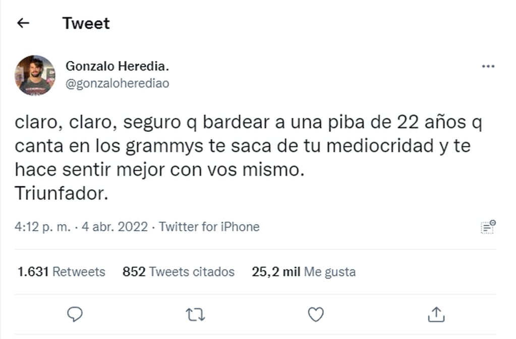 Gonzalo Heredia también defendió a la artista en Twitter.