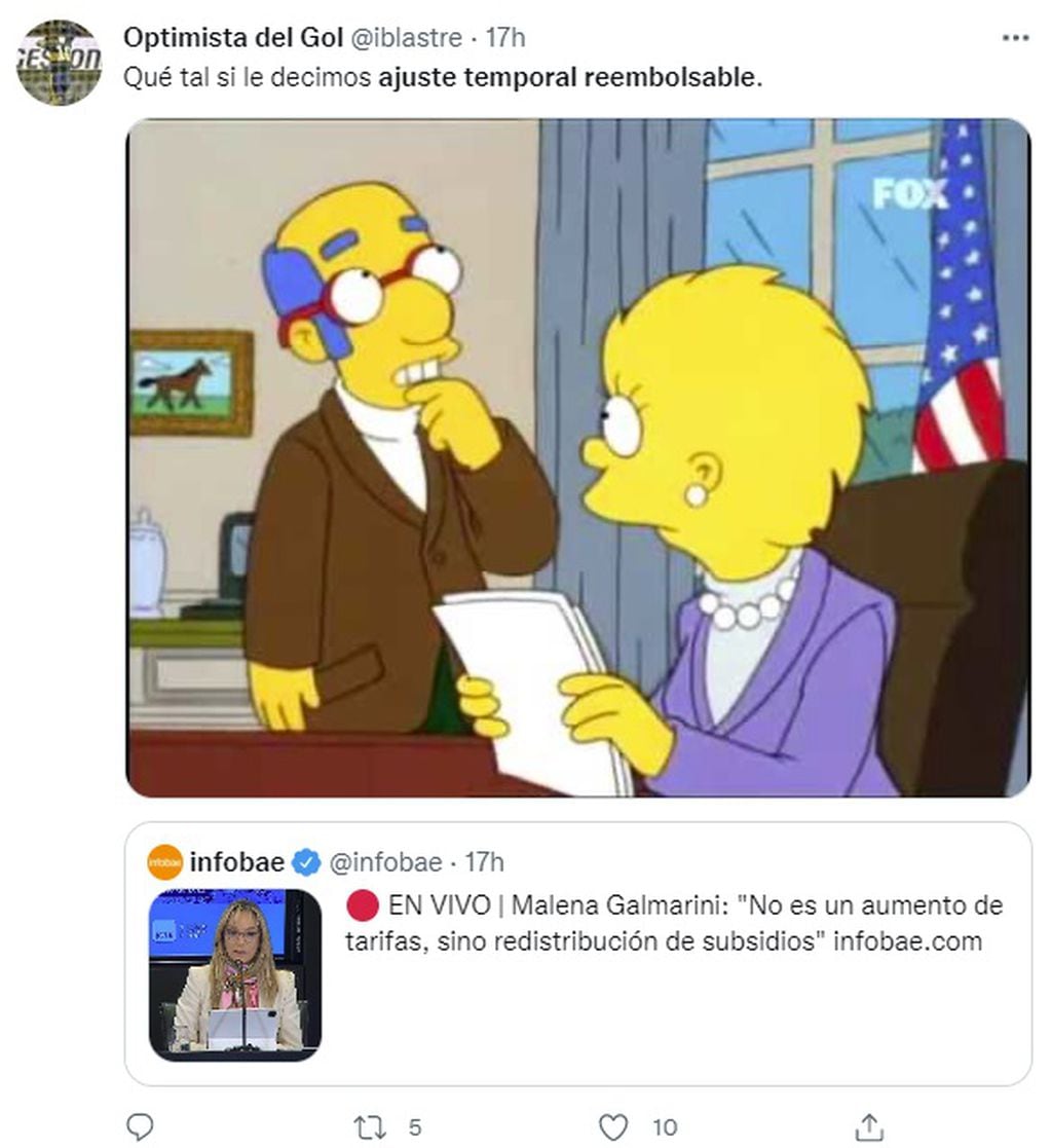 Malena Galmarini dijo que "no es aumento de tarifas sino una redistribución de subsidios" y en las redes se acordaron de Los Simpson (Captura Twitter)
