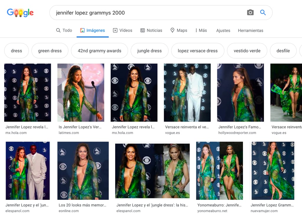 El furor causado por Jennifer López con un vestido de Versace en los Grammys del 2000 impulsó la creación de Google Imágenes.