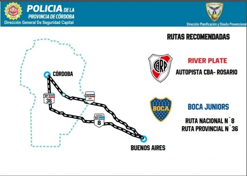 Las rutas para llegar a Córdoba para la gente de River y Boca el próximo domingo. / Gentileza.