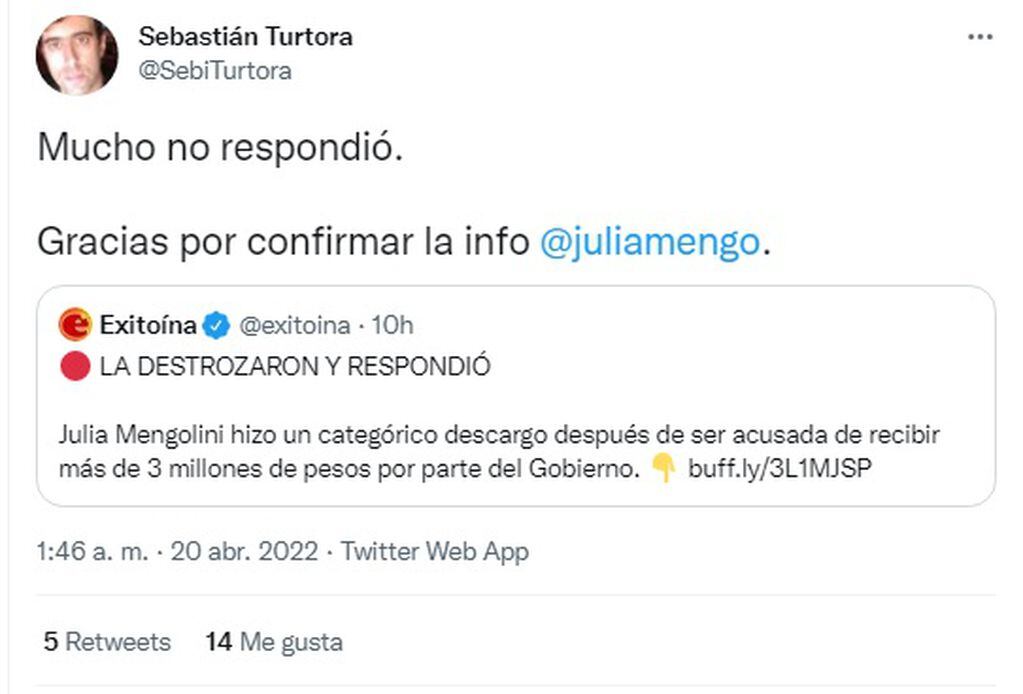 El tuit en respuesta de Turtora ante el descargo de Mengolini: "Gracias por confirmar la info"