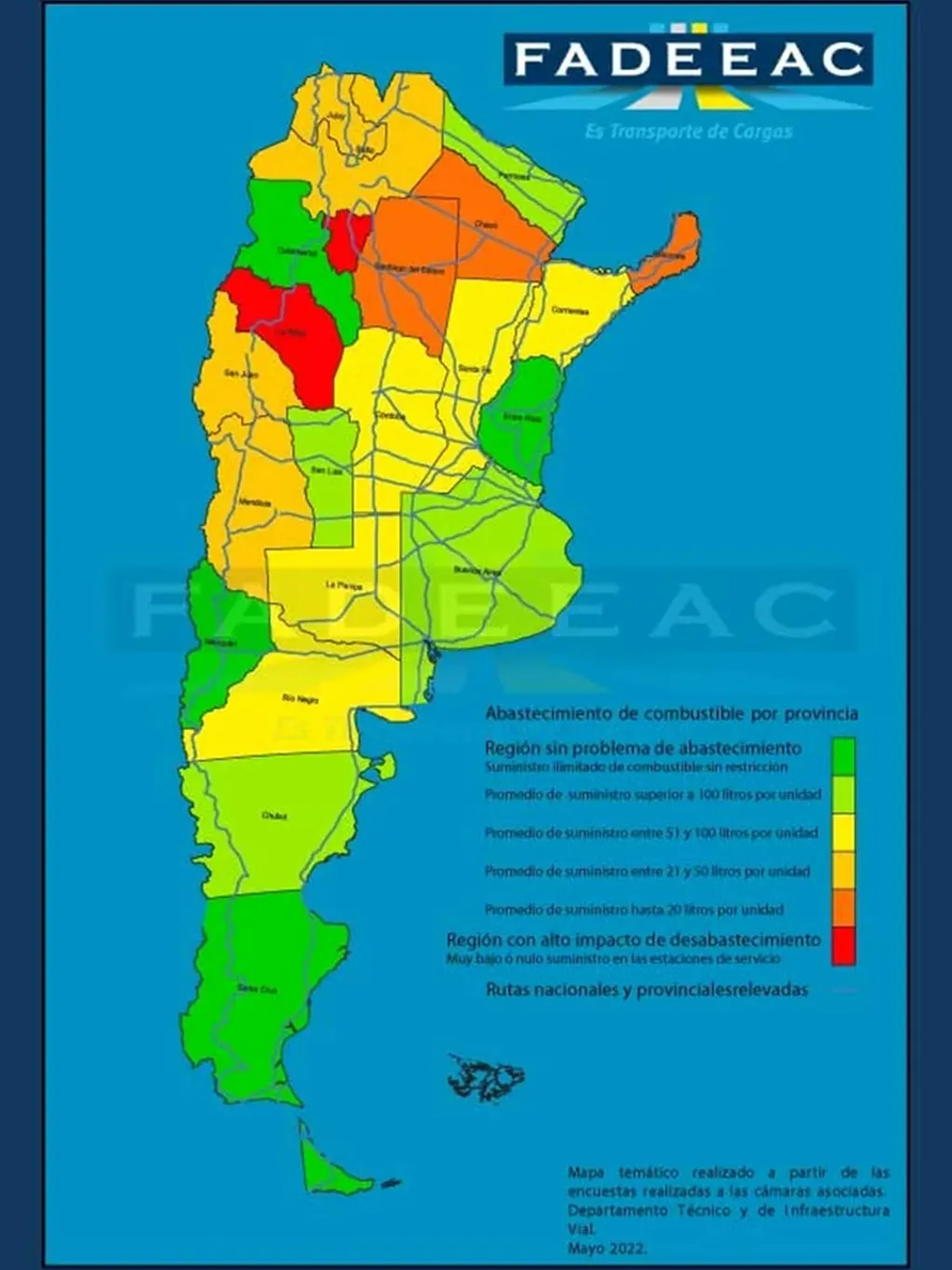 El mapa de abastecimiento de combustibles confeccionado por Fadeeac