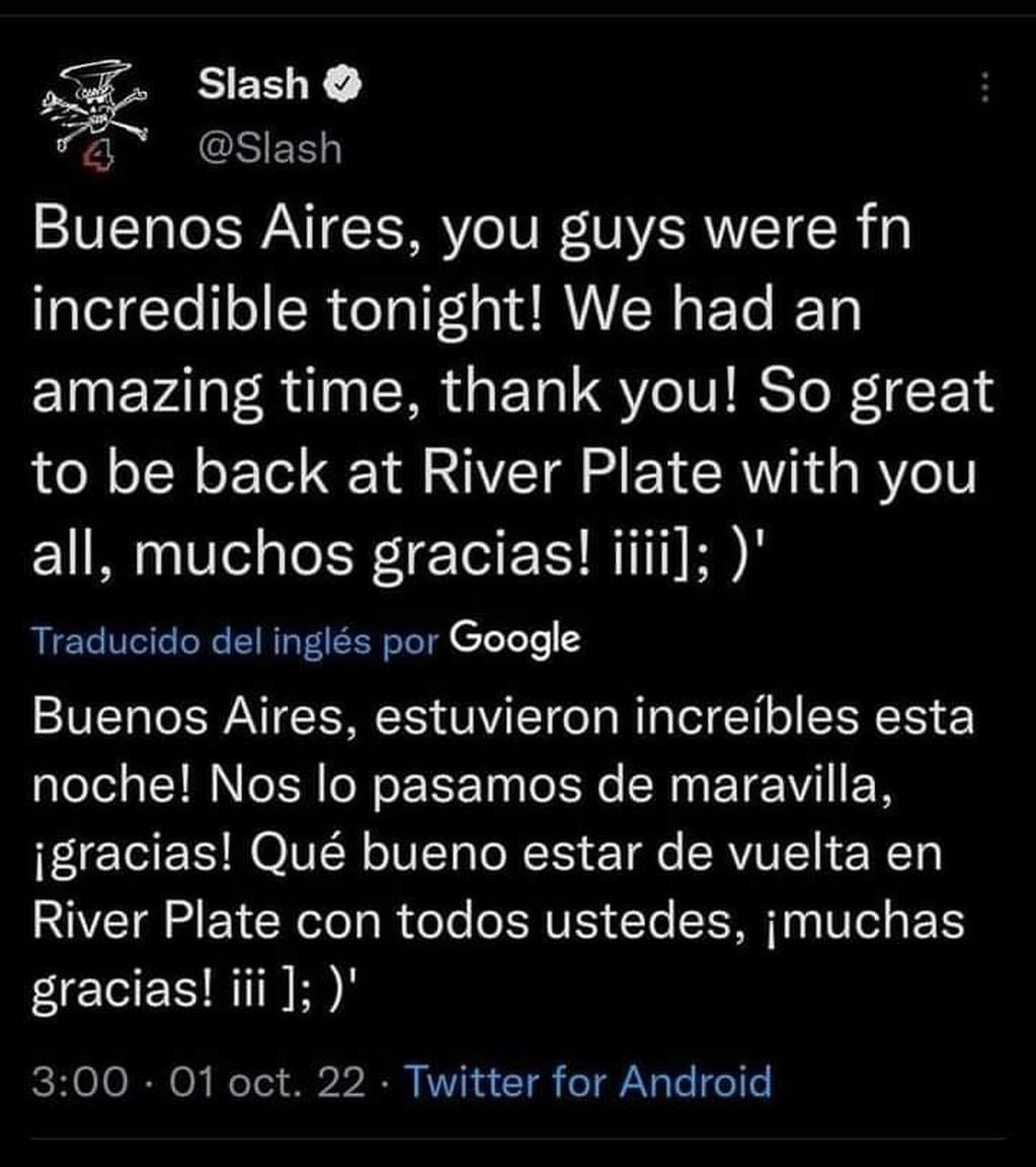 Slash saludó a sus fans argentinos tras el show en River Plate (Twitter)