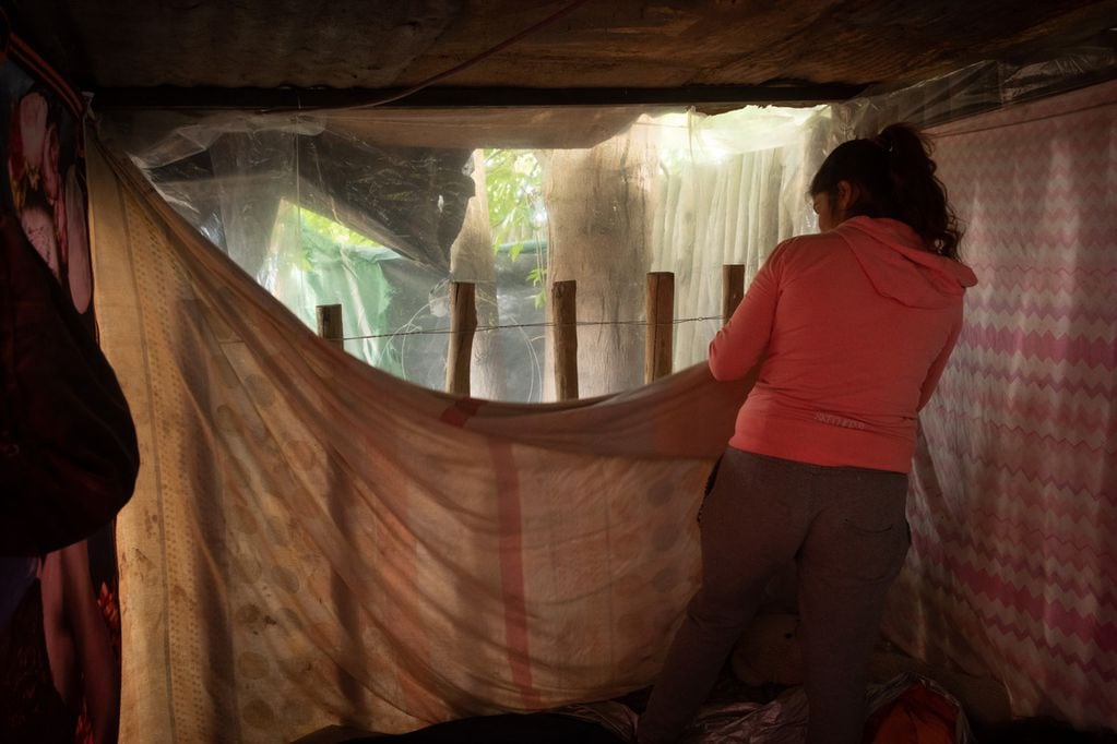 En el pequeño terreno en que levantó su precaria vivienda, Yésica vive con 8 perros y una gata. Por la noche, todos duermen en el único ambiente y la única cama que tiene la casa. Foto: Ignacio Blanco / Los Andes.