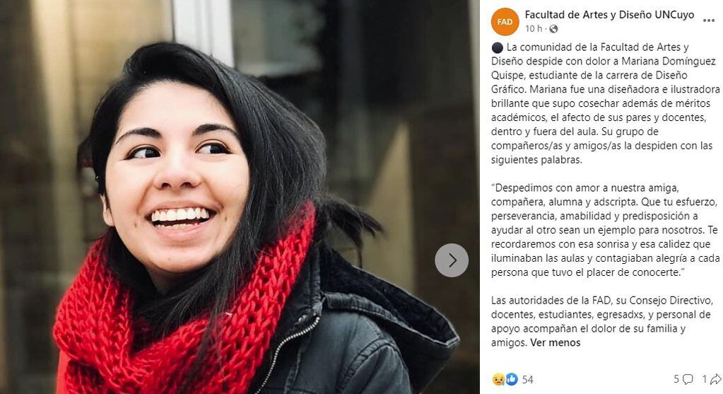 La despedida de la UNCuyo a Mariana Domínguez, la joven de 28 años que murió por una bala perdida en Godoy Cruz. Estudiaba diseño gráfico. (Facebook)