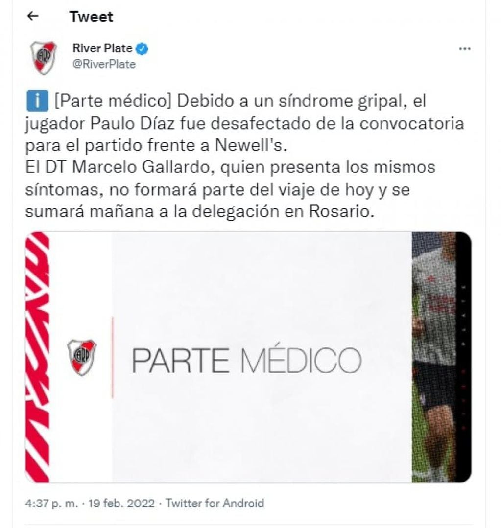 El parte médico de River Plate. / Gentileza.