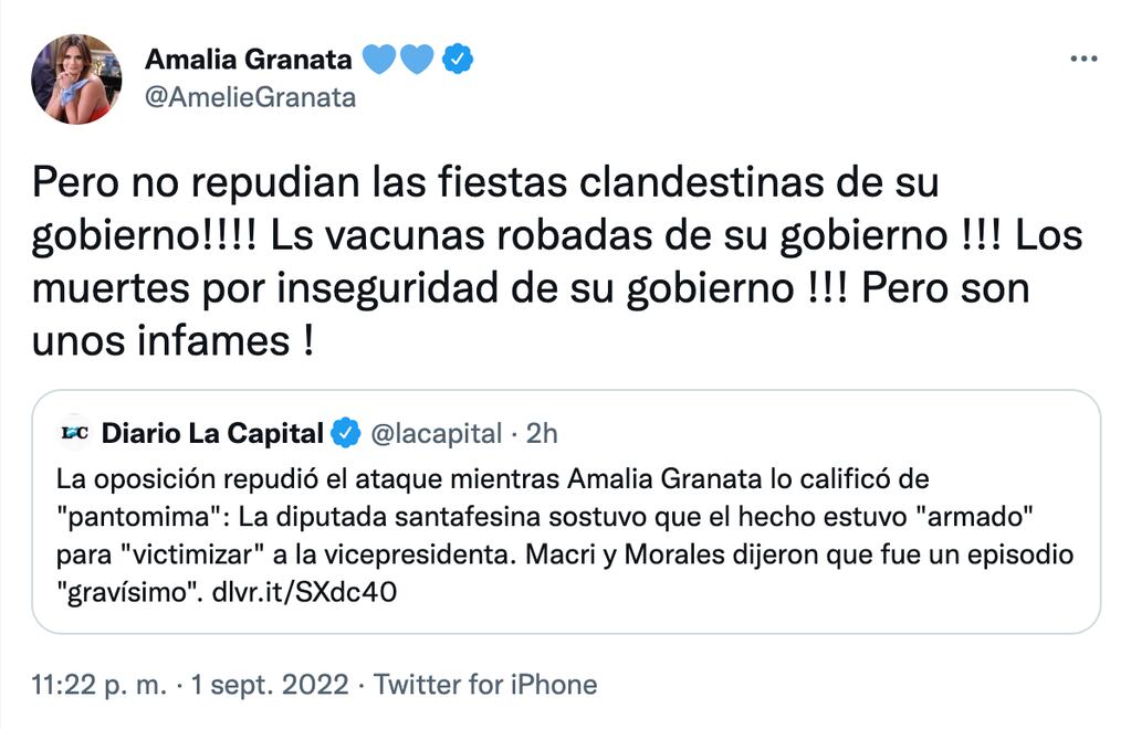 La diputada Amalia Granata publicó varios mensajes polémicos tras conocerse el atentado que sufrió la vicepresidenta Cristina Kirchner.