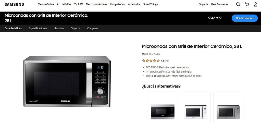 Esto sale el microondas Samsung en la tienda oficial de Argentina.