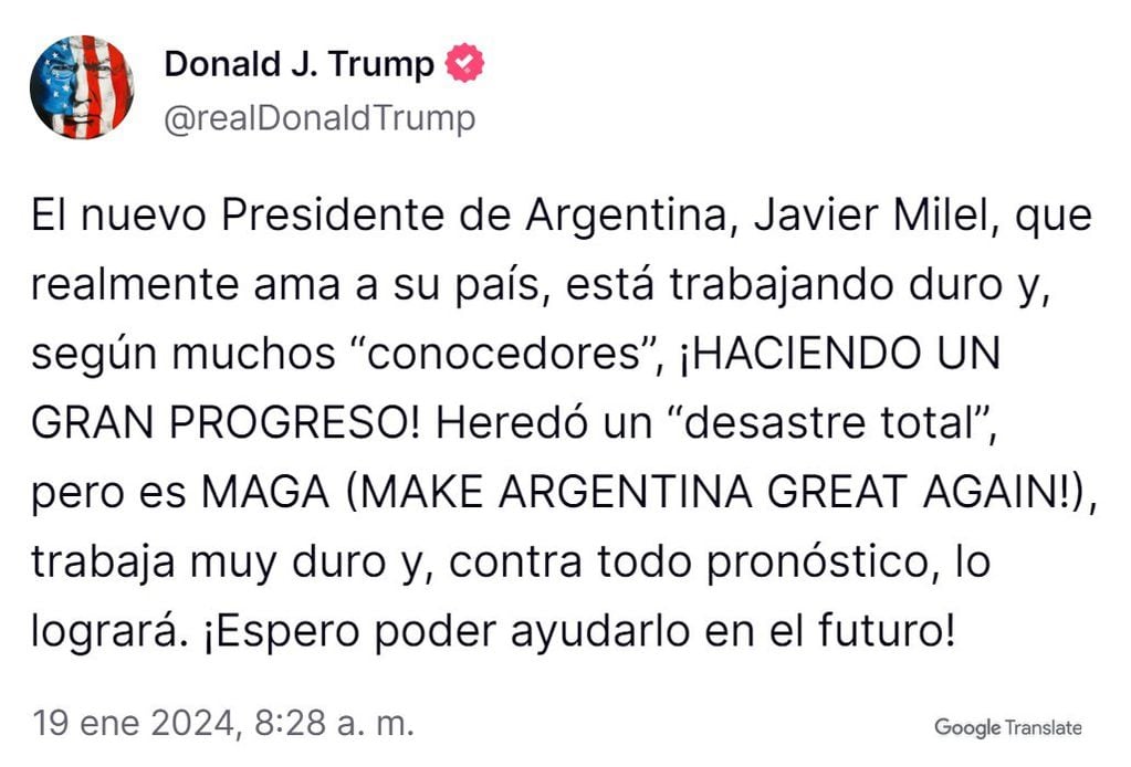 El mensaje de Donald Trump para Javier Milei en Truth Social