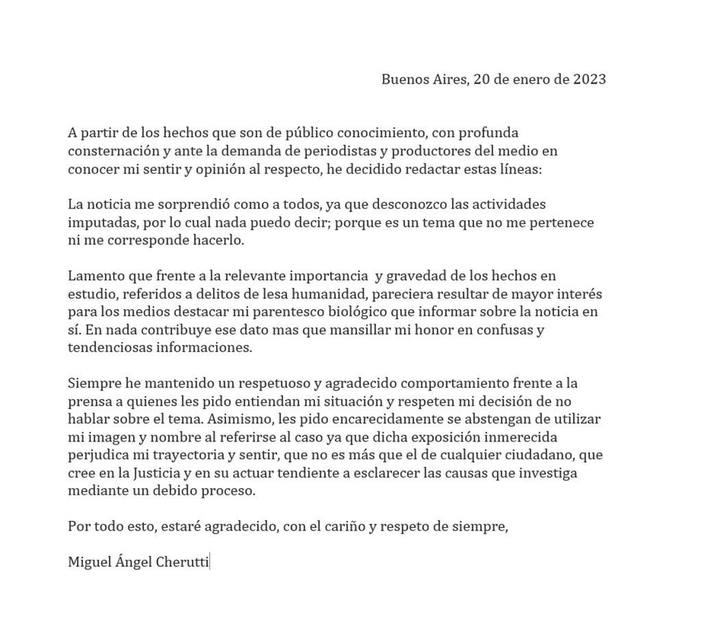 La carta de Miguel Ángel Cherutti. 