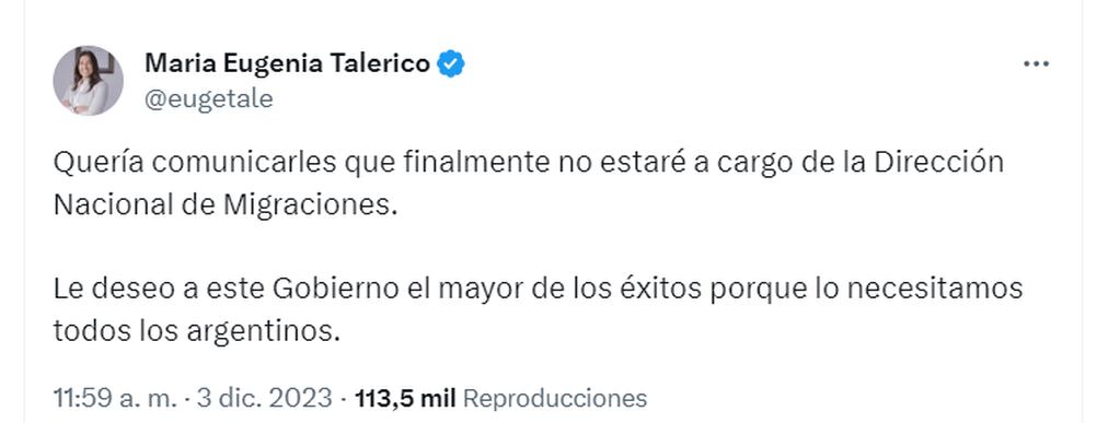 María Eugenia Talerico no estará al frente de la Dirección Nacional de Migraciones - Twitter