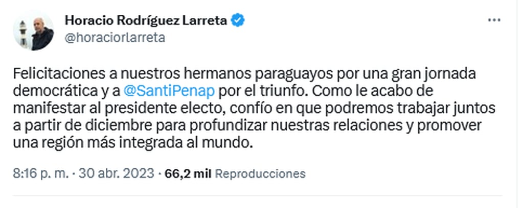 Mandatarios regionales saludaron a Santiago Peña, tras ganar las elecciones presidenciales este domingo. Twitter