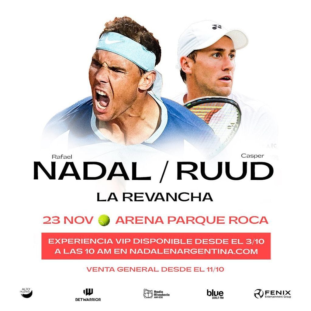 Rafael Nadal y Casper Ruud se enfrentarán en Buenos Aires, en un partido de exhibición que se jugará el 23 de noviembre. / Gentileza.