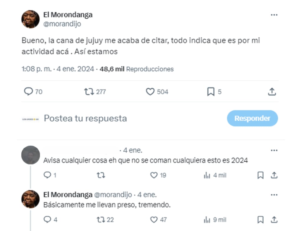 Marcelo Nahuel Morandini tuiteó el 4 de enero que la policía de Jujuy lo citó a una audiencia y que todo indicaba que iba a ir preso. Foto: Captura X, antes Twitter.