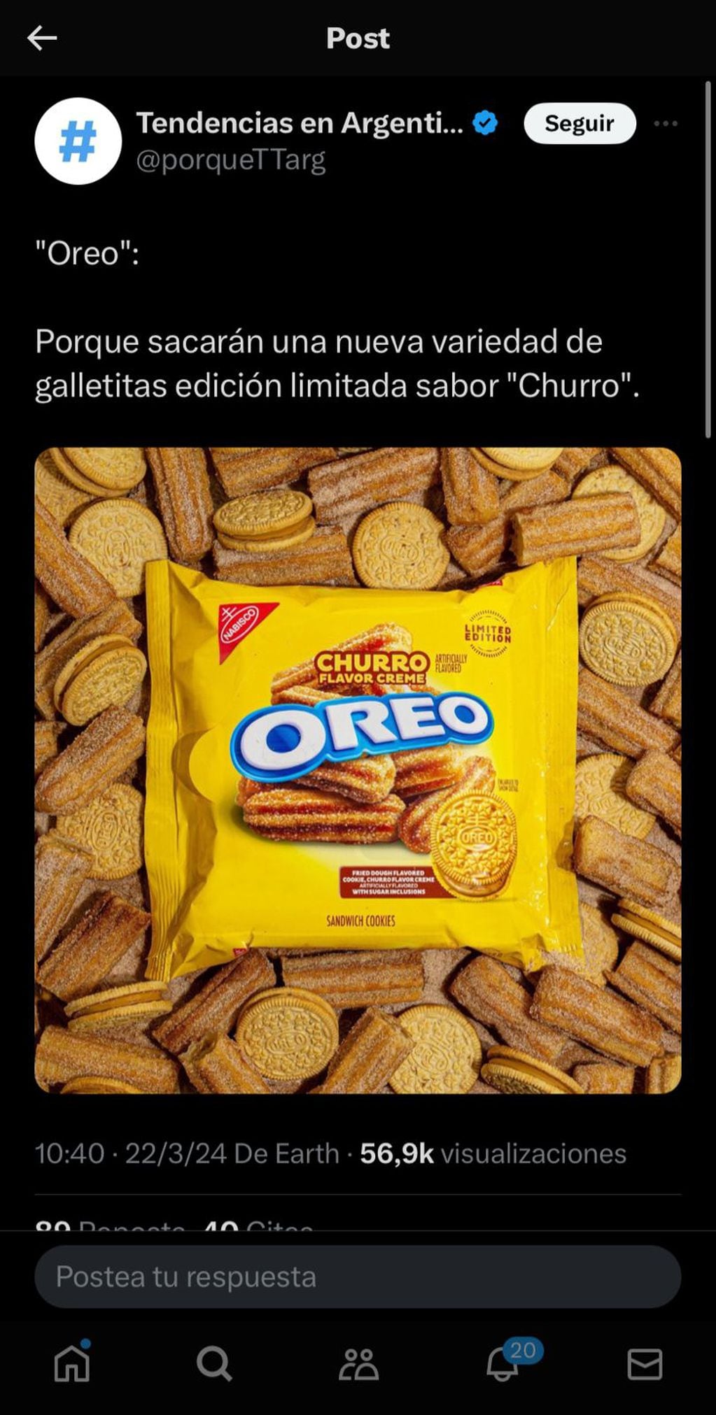 La marca de galletas Oreo lanza una edición limitada de galletas sabor churro. Captura de pantalla.