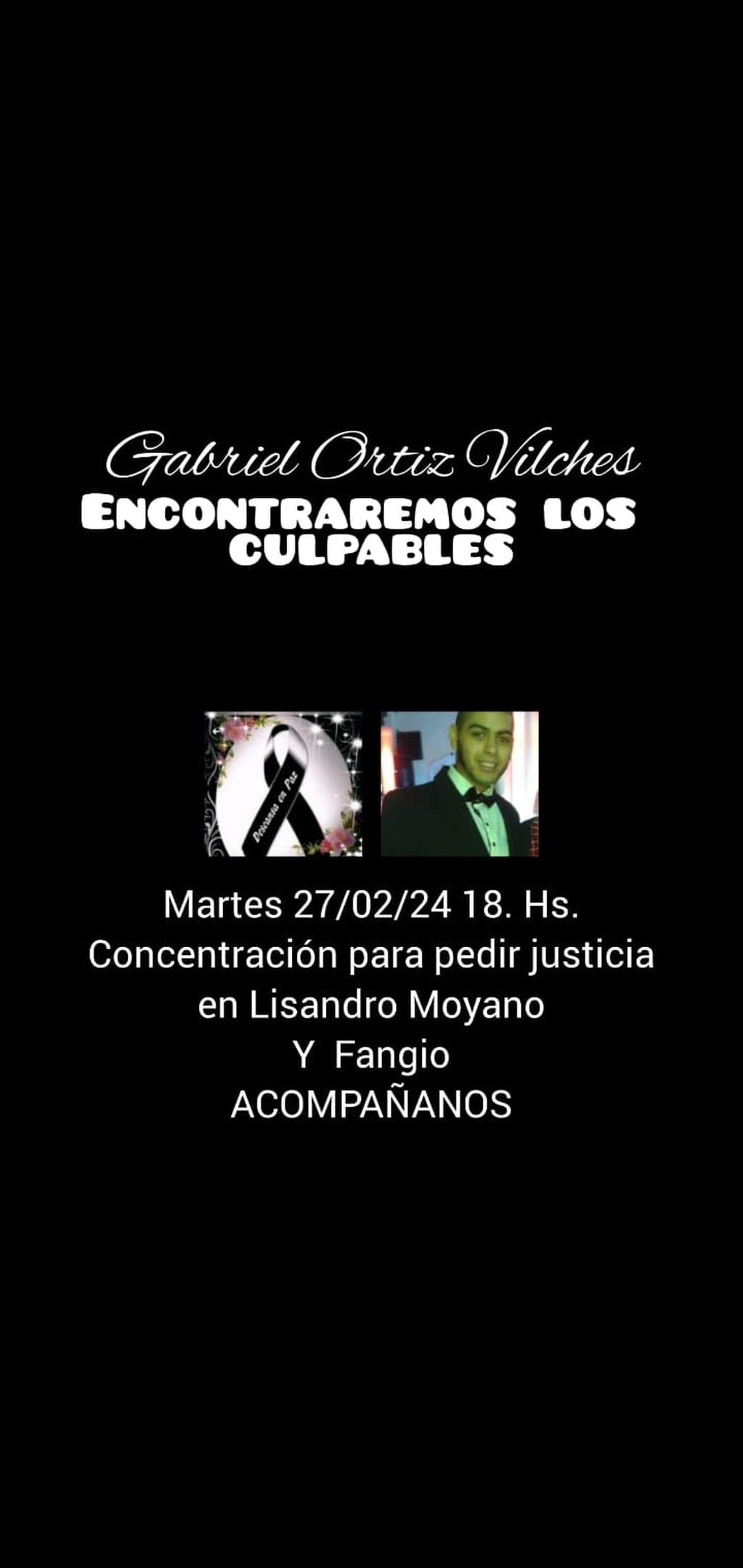 El anuncio de los familiares de Gabriel Ortiz Vilchez, asesinado en Las Heras. foto: Facebook