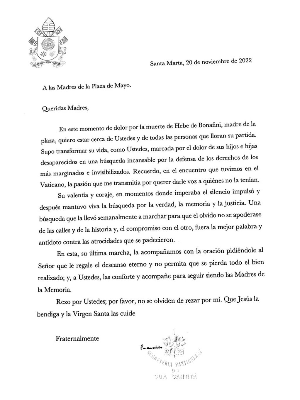 La carta del papa Francisco a las Madres de Plaza de Mayo por la muerte de Hebe de Bonafini