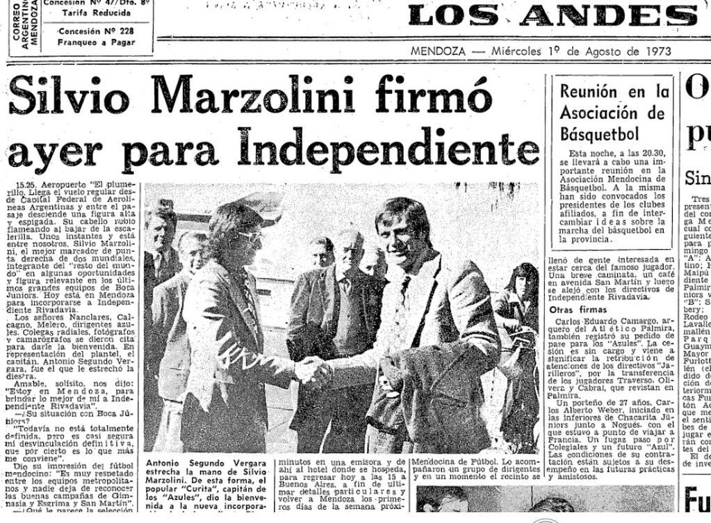 La edición impresa de Diario Los Andes, en 1973, sobre la llegada de Silvio Marzolini a Independiente Rivadavia.

