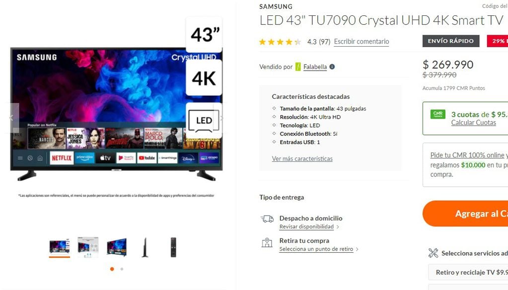 Precio Smart TV Samsung 43" Crystal UHD 4K en Chile 