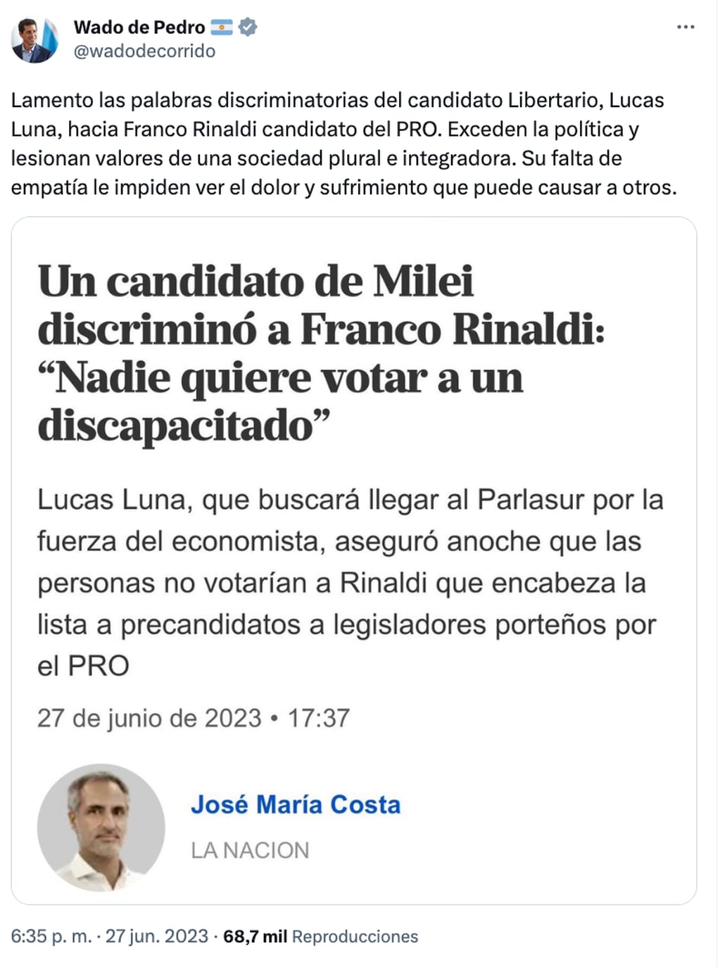 Wado de Pedro repudió la discriminación a Franco Rinaldi, de Juntos por el Cambio, por parte de un candidato de Milei. Foto: Twitter