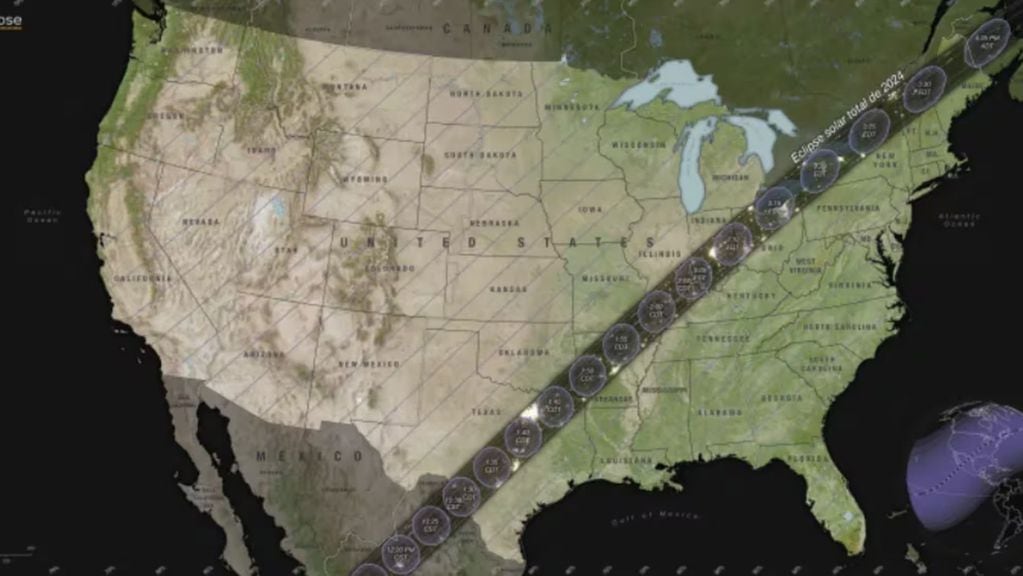 Imagen de la trayectoria del eclipse del próximo 8 de abril (NASA)
