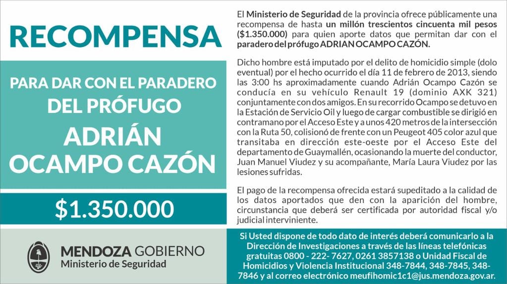 El ofrecimiento oficial de recompensa por Adrian Ocampo Cazón.