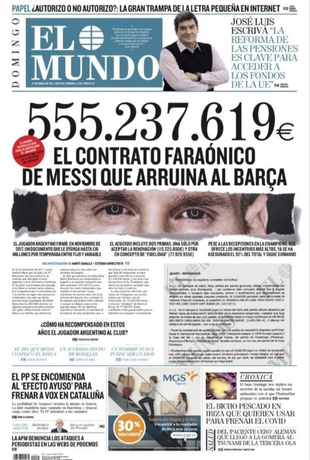 Portada de diario El Mundo revelando lo que cobra Lionel Messi