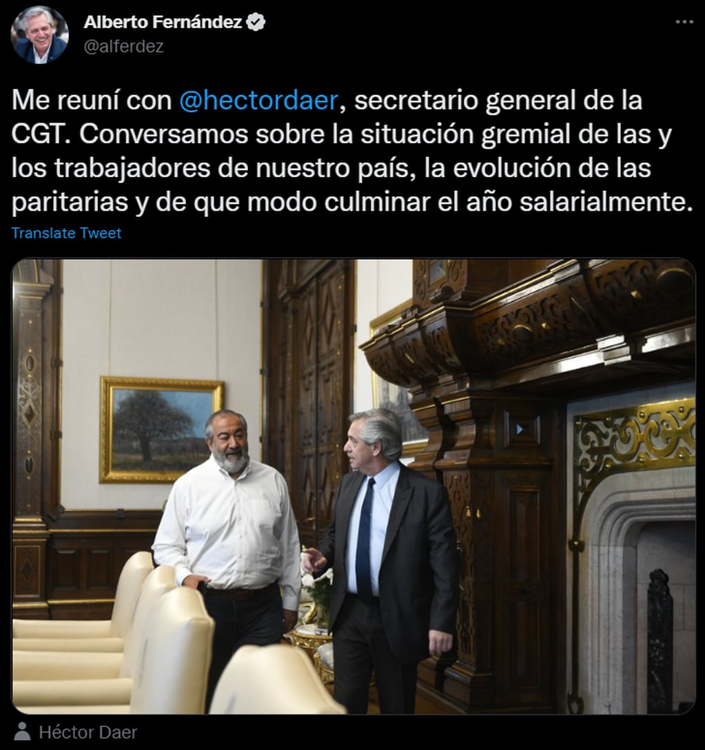 Reunión entre Héctor Daer y Alberto Fernández. Foto: Twitter/@alferdez