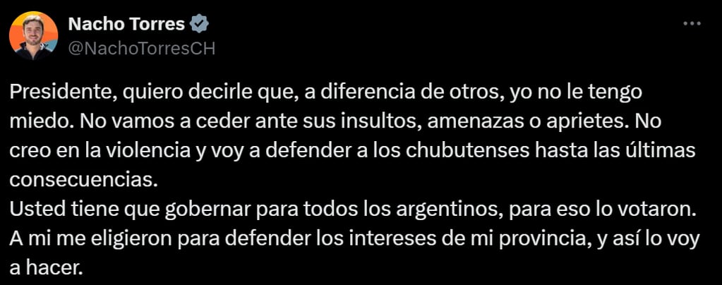 Ignacio Torres, gobernador de Chubut, criticó a Javier Milei. Captura: X / @NachoTorresCH