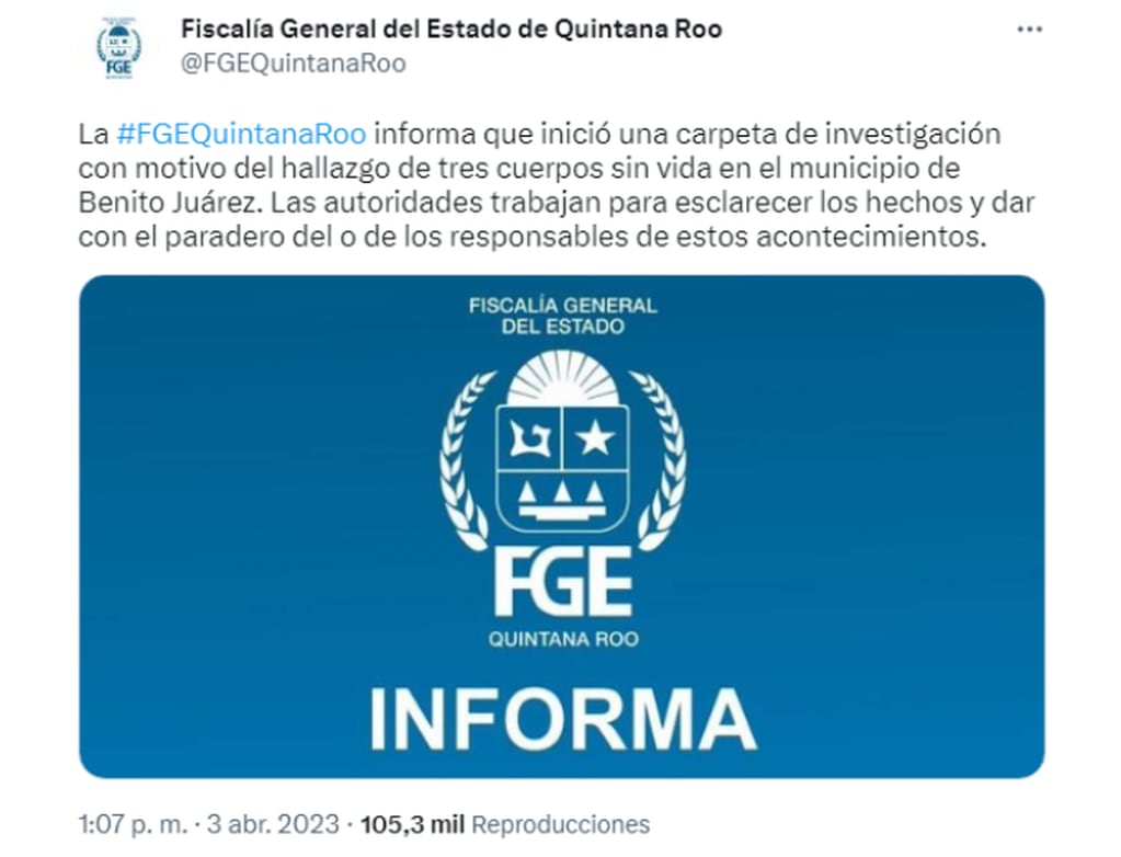 Tweet de la Fiscalía General de Quintana Roo. Por el momento no hay detenidos. Foto: Twitter