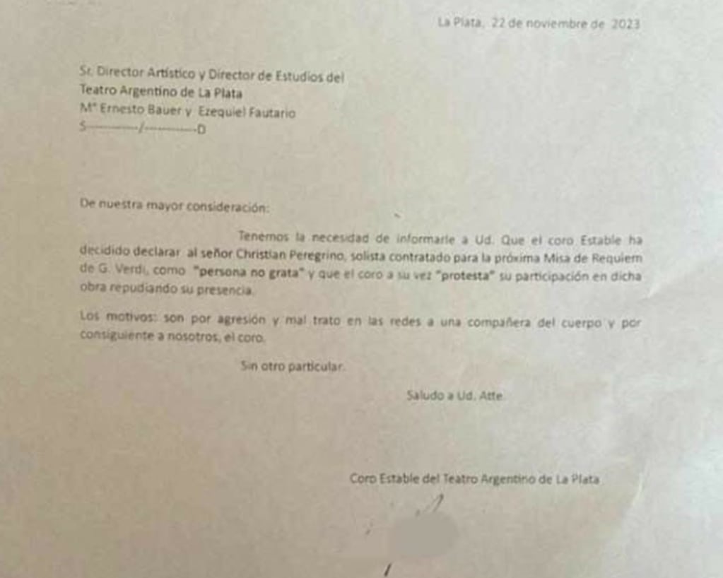 La nota de despido de Christian Peregrino. Foto: Clarín