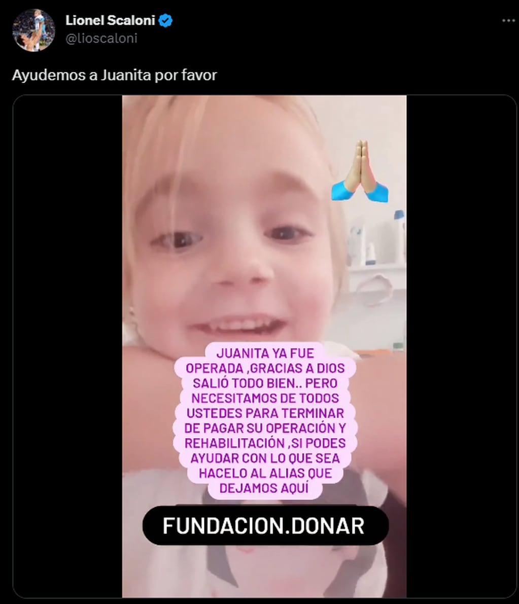 Scaloni compartió un video de Juanita, la nena mendocina operada en España y quien necesita ayuda para rehabilitarse. Fuente: Captura Twitter.