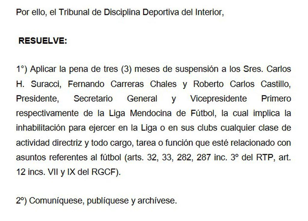 La Tribunal de disciplina del Consejo Federal suspendió a Carlos Suraci, Fernando Carrera y Roberto Castillo.