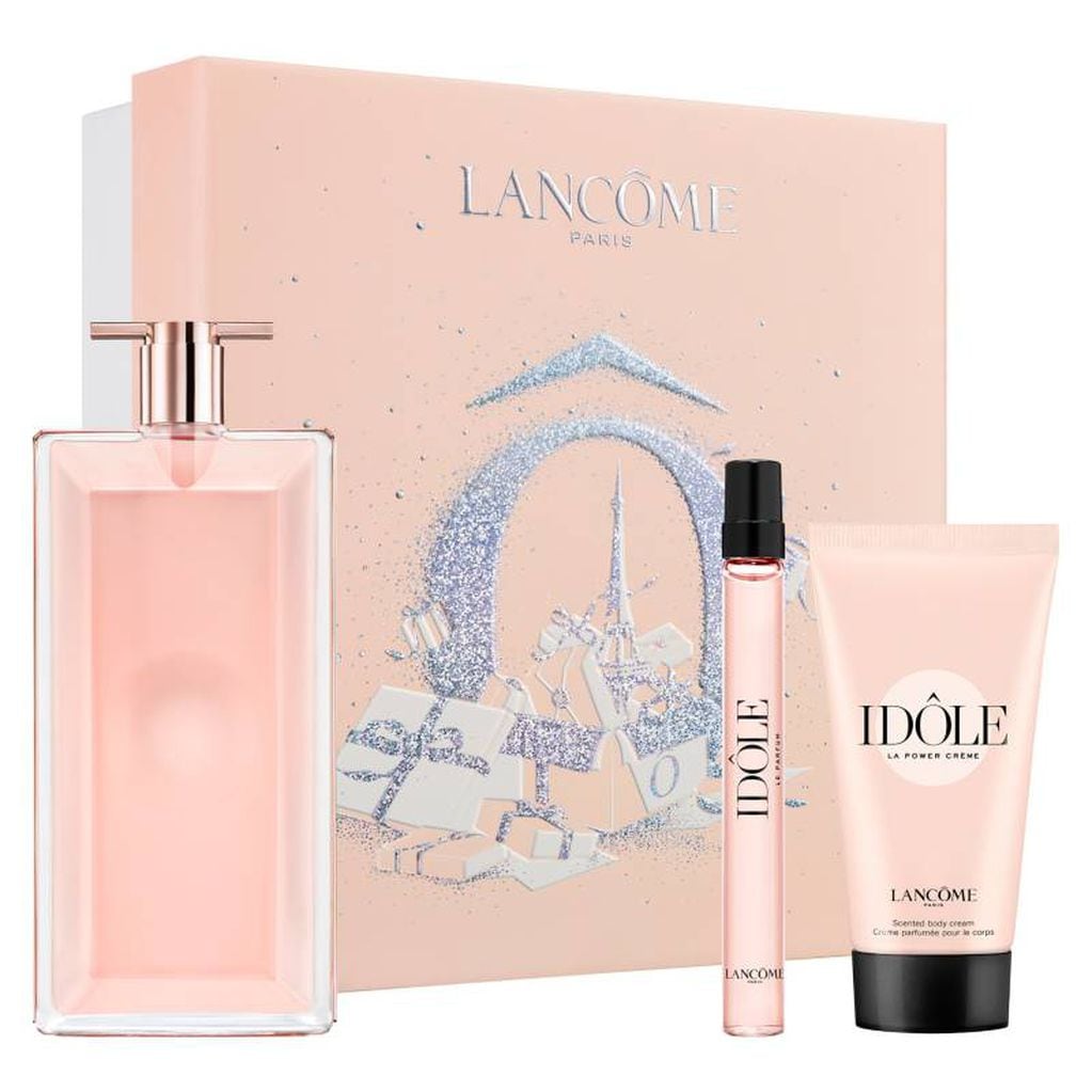 Presentación del nuevo set de Idôle de Lancome, que incluye crema humectante y el perfume en dos tamaños diferentes.