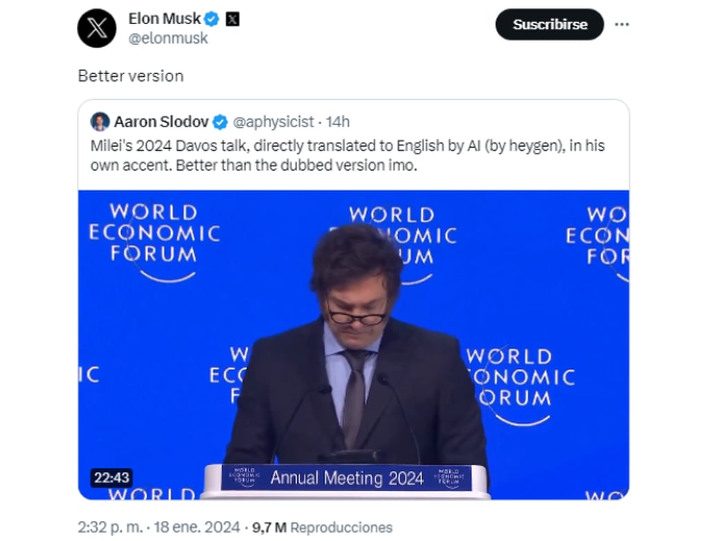 Elon Musk, CEO de Tesla, elogió el discurso del presidente argentino y le ha dedicado varios posteos en las últimas horas. Foto: Captura redes sociales.