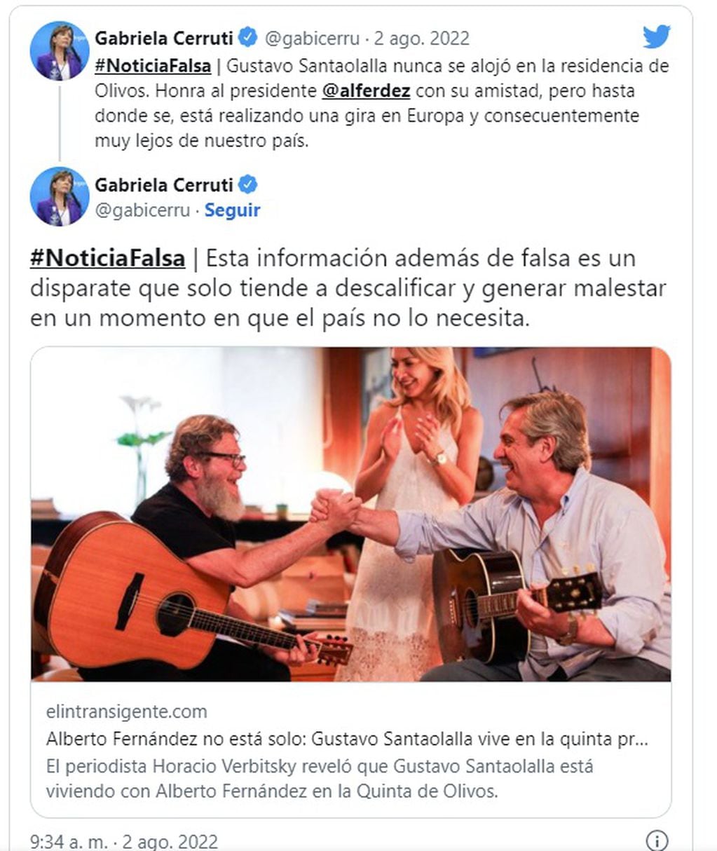 Gabriela Cerruti desmintió que Gustavo Santaolalla esté conviviendo y grabando un disco con Alberto Fernández en Olivos (Twitter)
