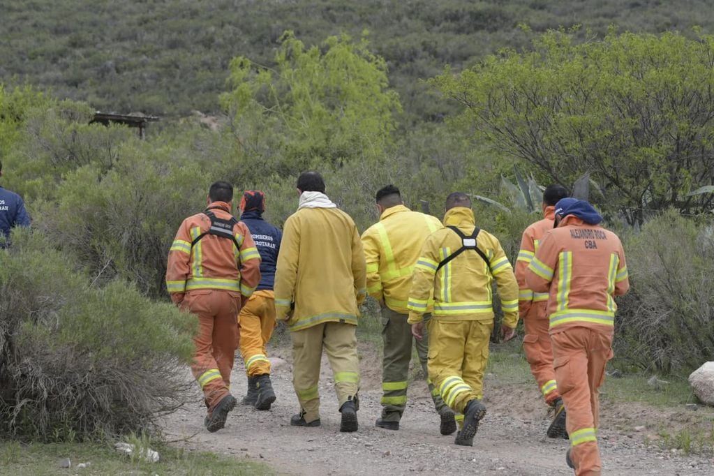 Trabajo de bomberos, brigadistas y policías para controlar los incendios en el piedemonte de Mendoza (Orlando Pelichotti / Los Andes)