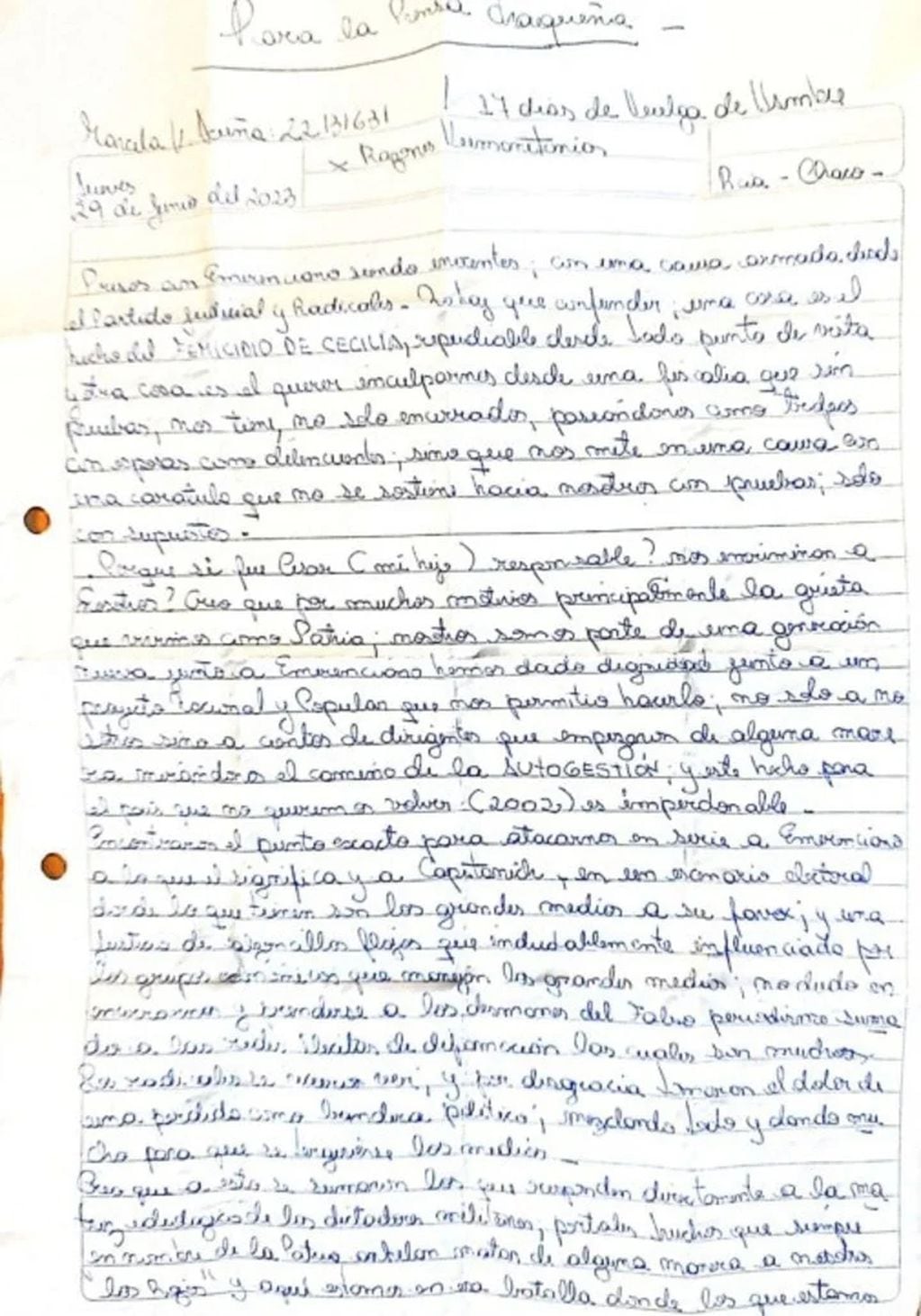 Caso Cecilia Strzyzowski. La carta completa de Marcela Acuña. (Clarín)