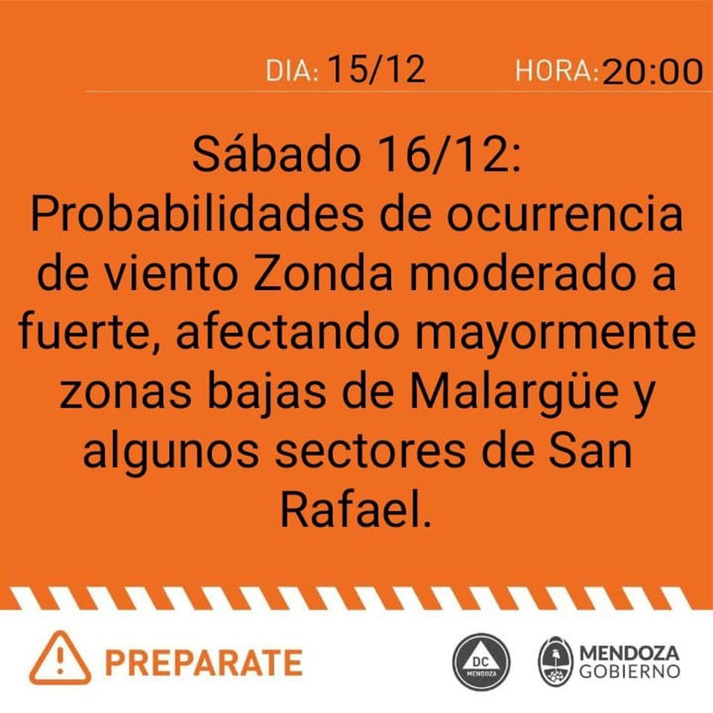Alerta naranja de Defensa Civil por viento Zonda en Malargüe y sectores de San Rafael.
