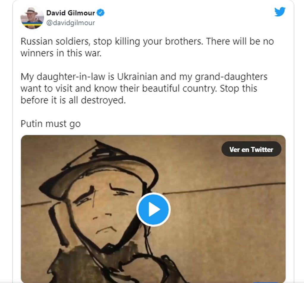 David Gilmour  repudió mediante un Tweet las acciones tomadas por Rusia en Ucránia.