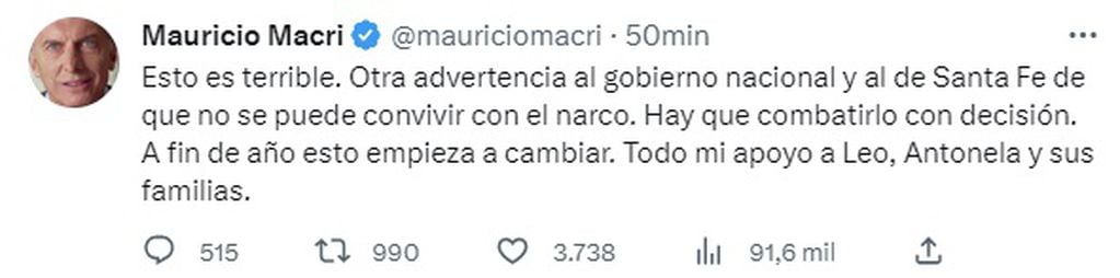 El mensaje de Macri tras el ataque al supermercado de los suegros de Lionel Messi en Rosario (Twitter)