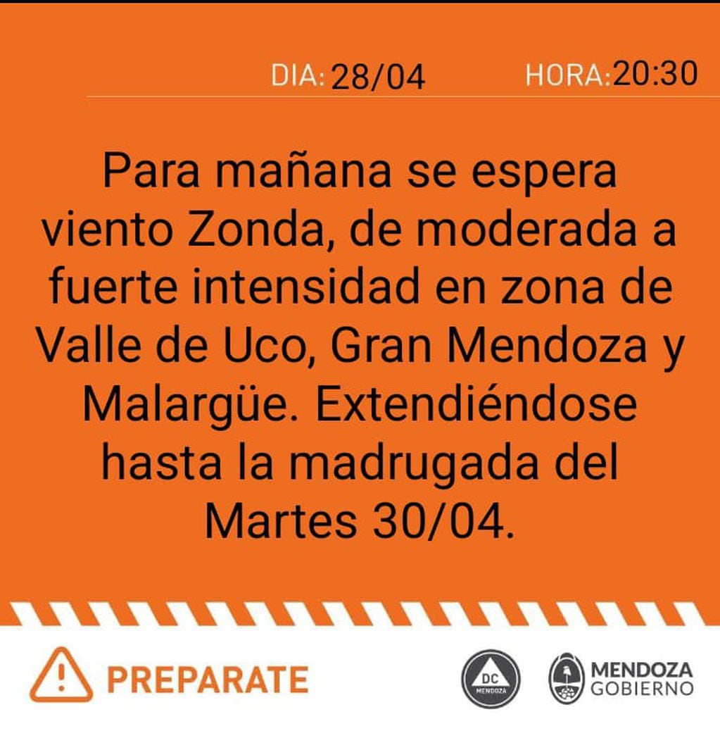 Alerta naranja por Zonda en zona de Valle de Uco, Gran Mendoza y Malargüe. Fuente: Defensa civil