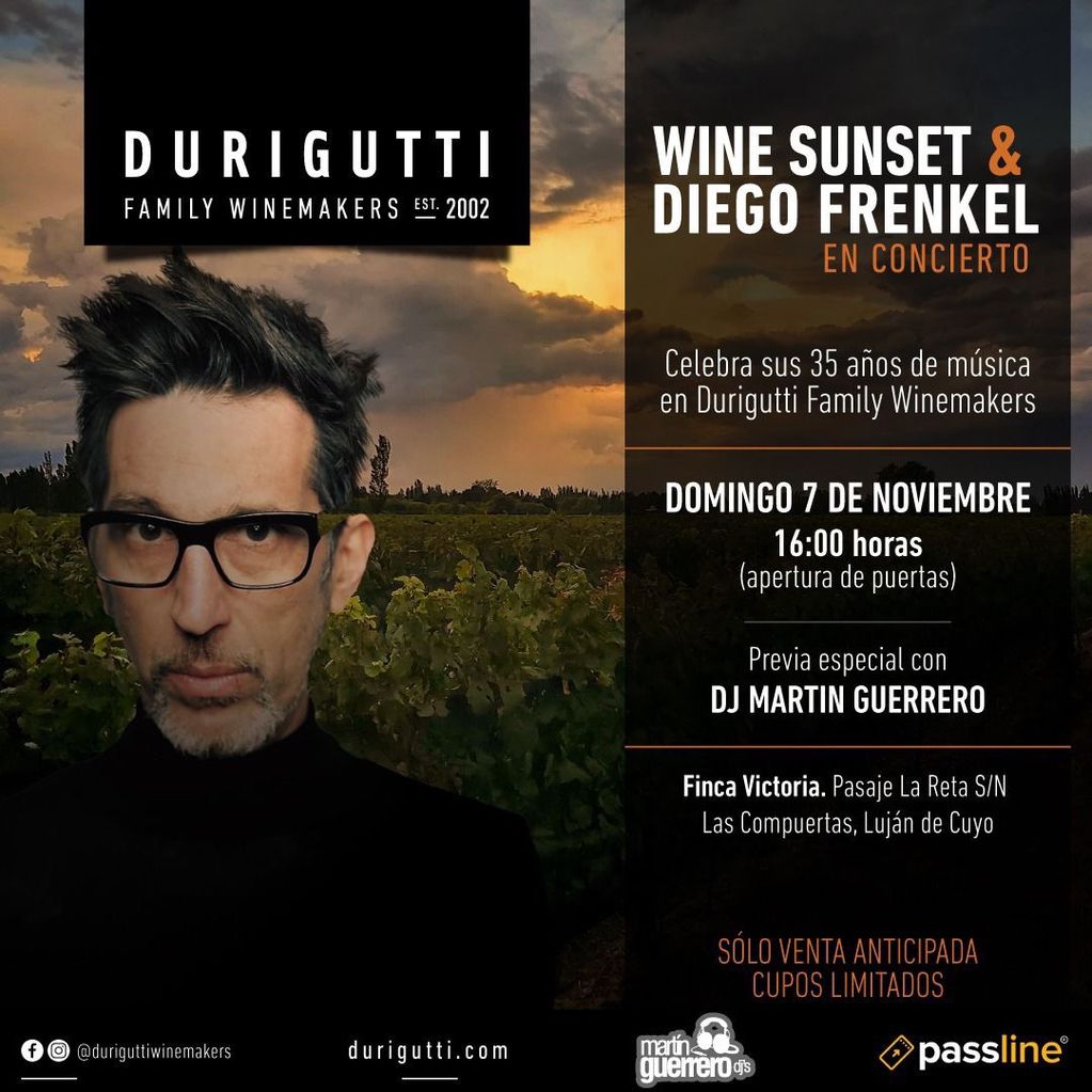 Wine Sunset & Diego Frenkel en concierto será el domingo 7. 