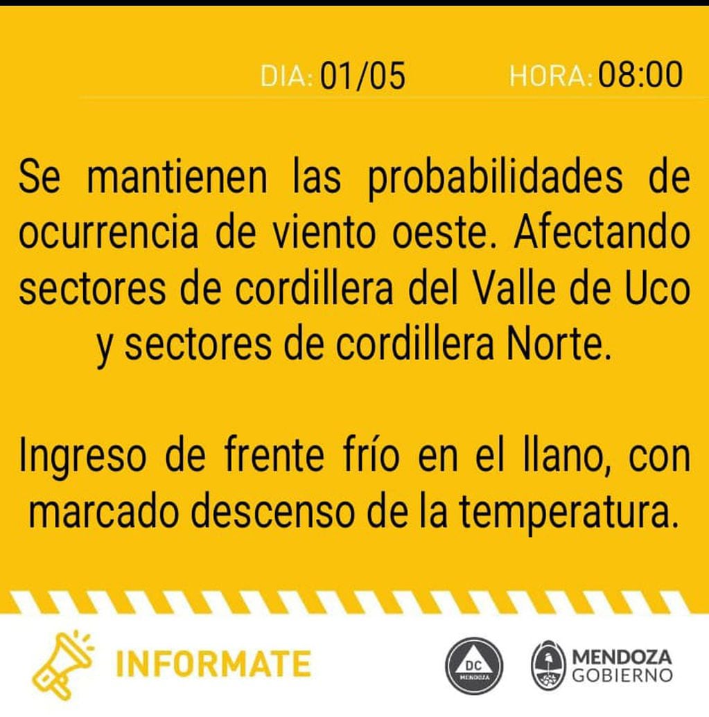 Alerta meteorológica para Mendoza (Defensa Civil)