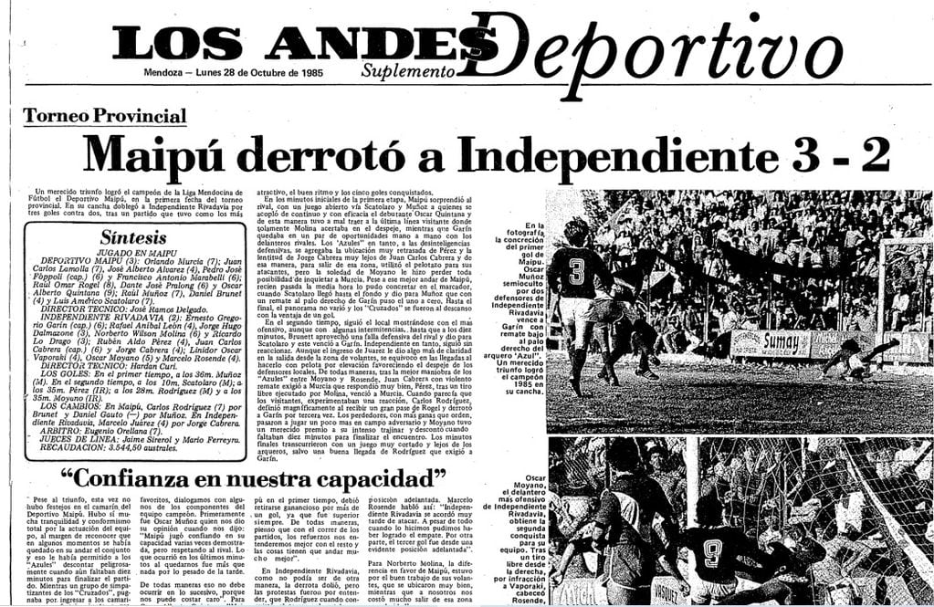 Tapa de Los Andes. 
Deportivo Maipú vs Independiente Rivadavia en el Torneo Provincial 1985
